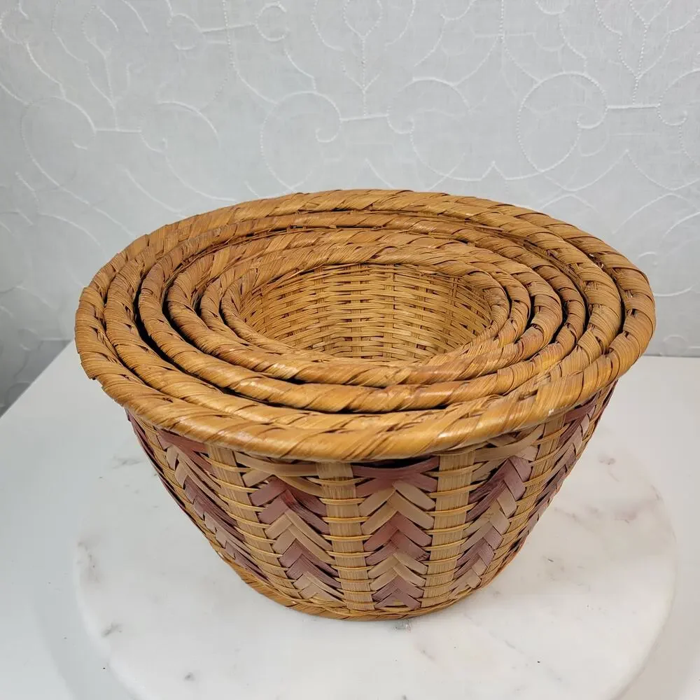 6 VTG Nesting Wicker Baskets Tan Brown Woven Chevron Boho Baskets Cottage Core